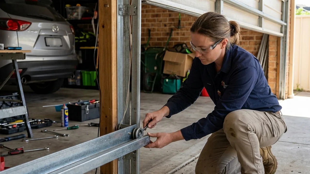 Garage door technician inspecting rollers and track hardware