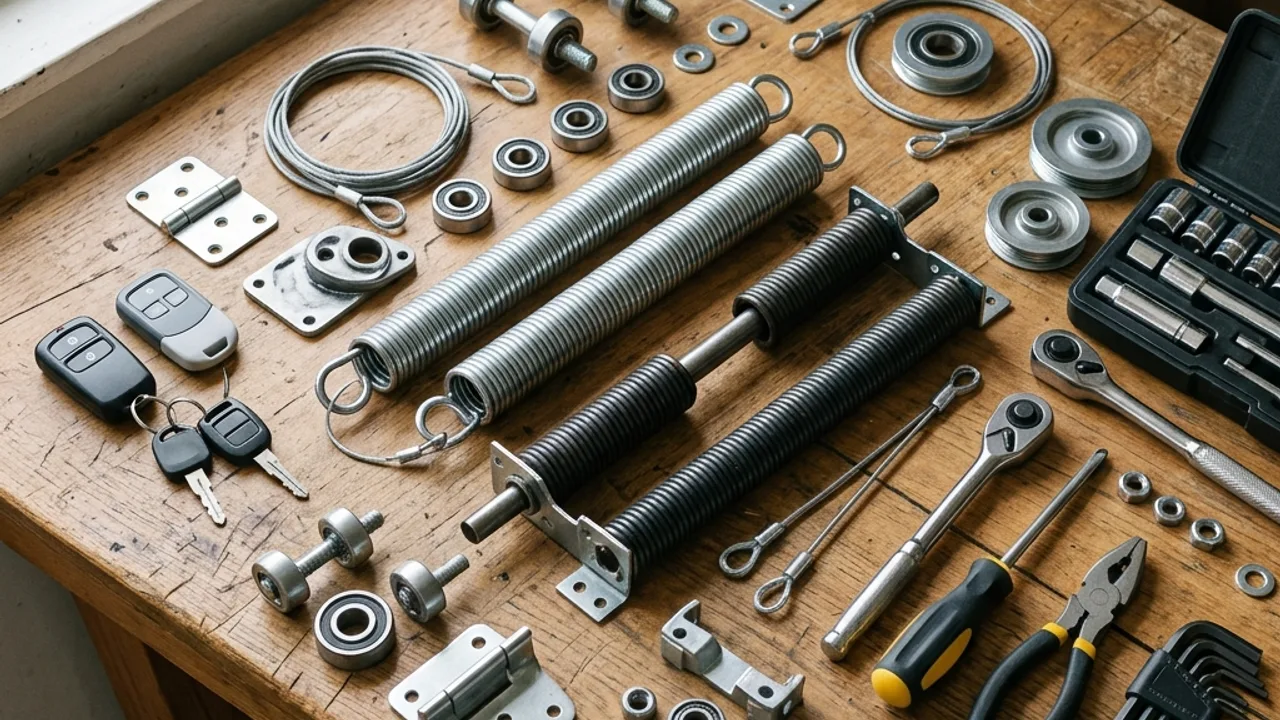 Garage door parts laid out on a workbench