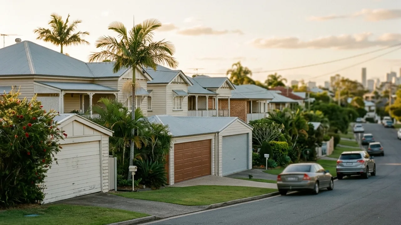 Brisbane suburban street with detached homes and garages