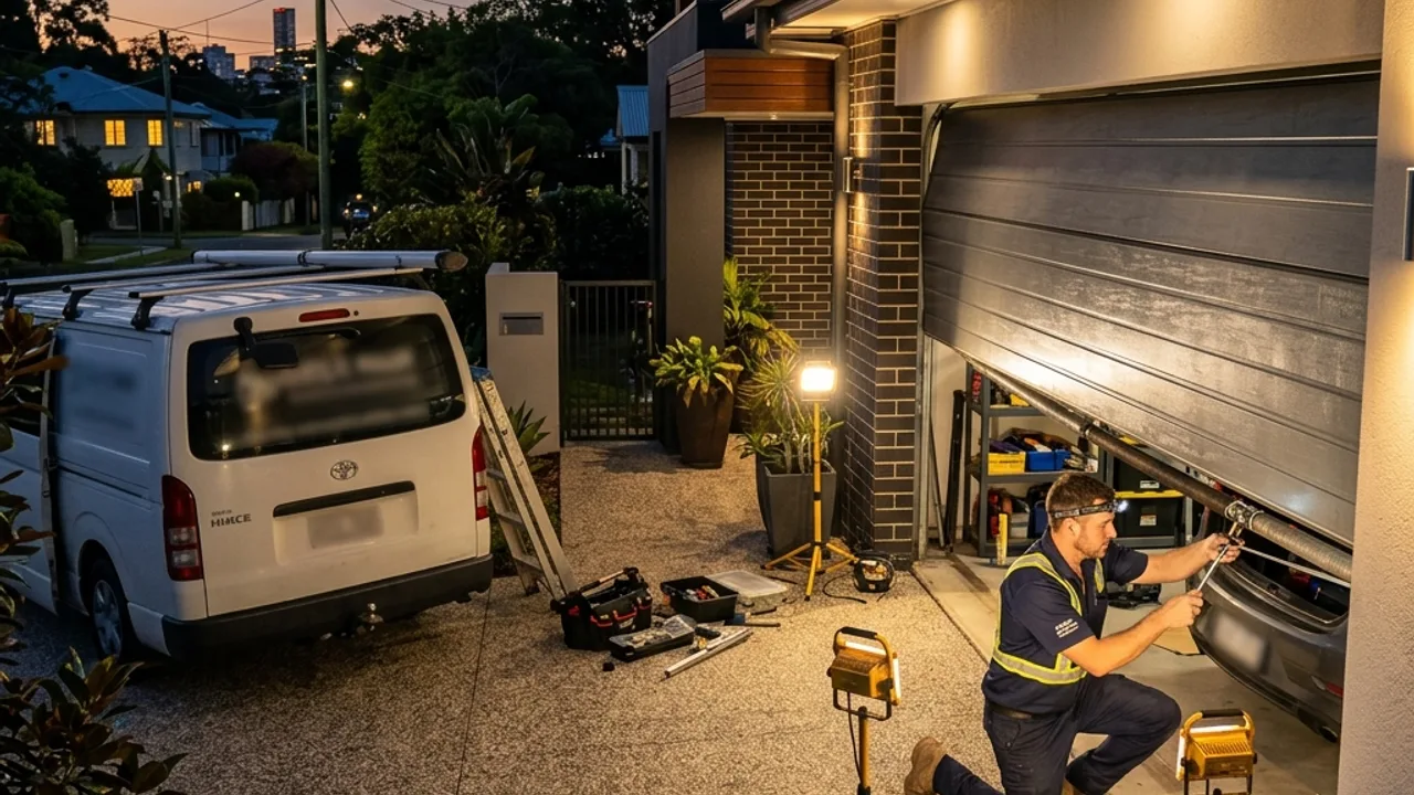 Emergency garage door repair call-out at a Brisbane property after dark
