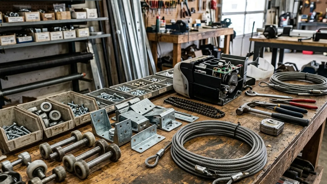 Close-up of a garage door cable and roller being replaced