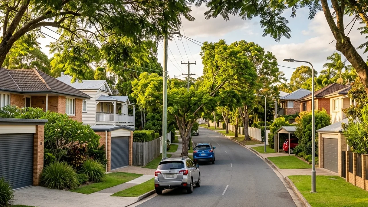 Tree-lined Brisbane suburban street with visible garages