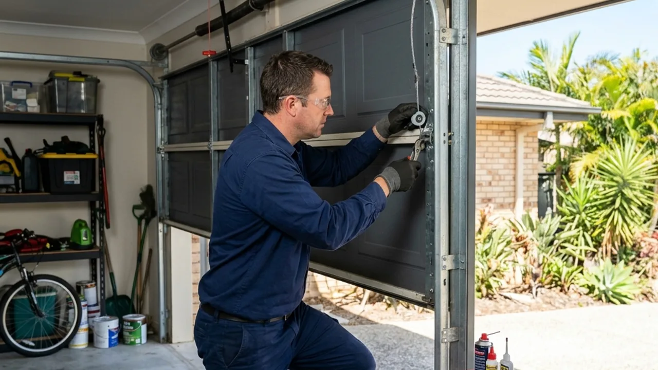 Close-up of a garage door cable and roller being replaced