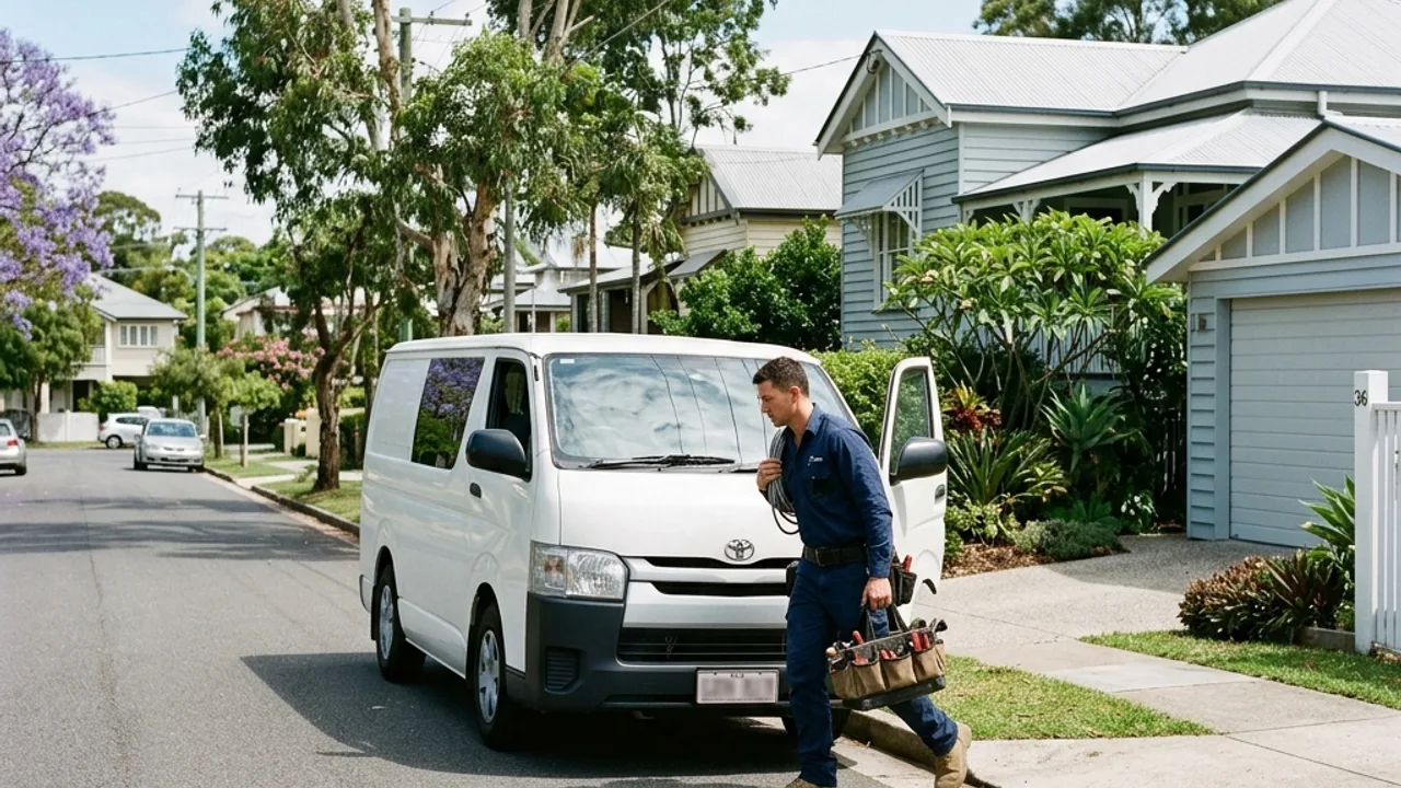 Garage door service van arriving in a Brisbane suburban street