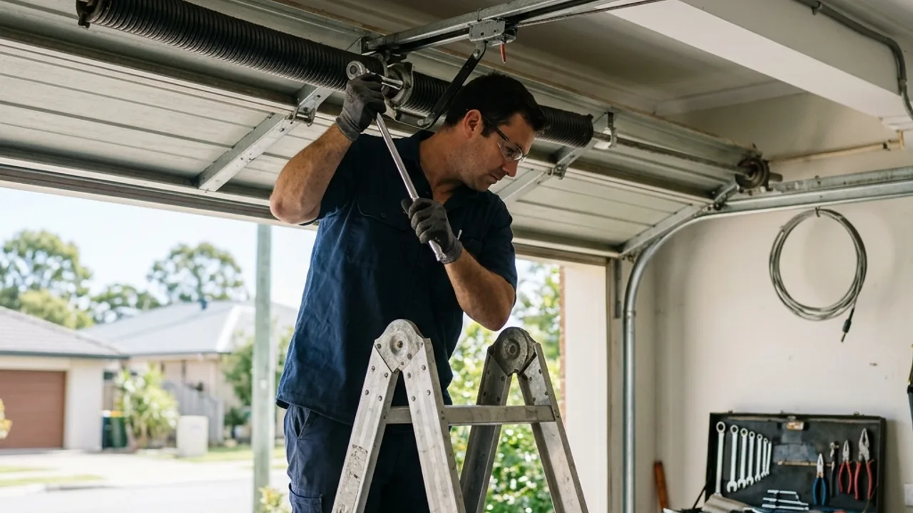 Technician adjusting a torsion spring above a sectional garage door