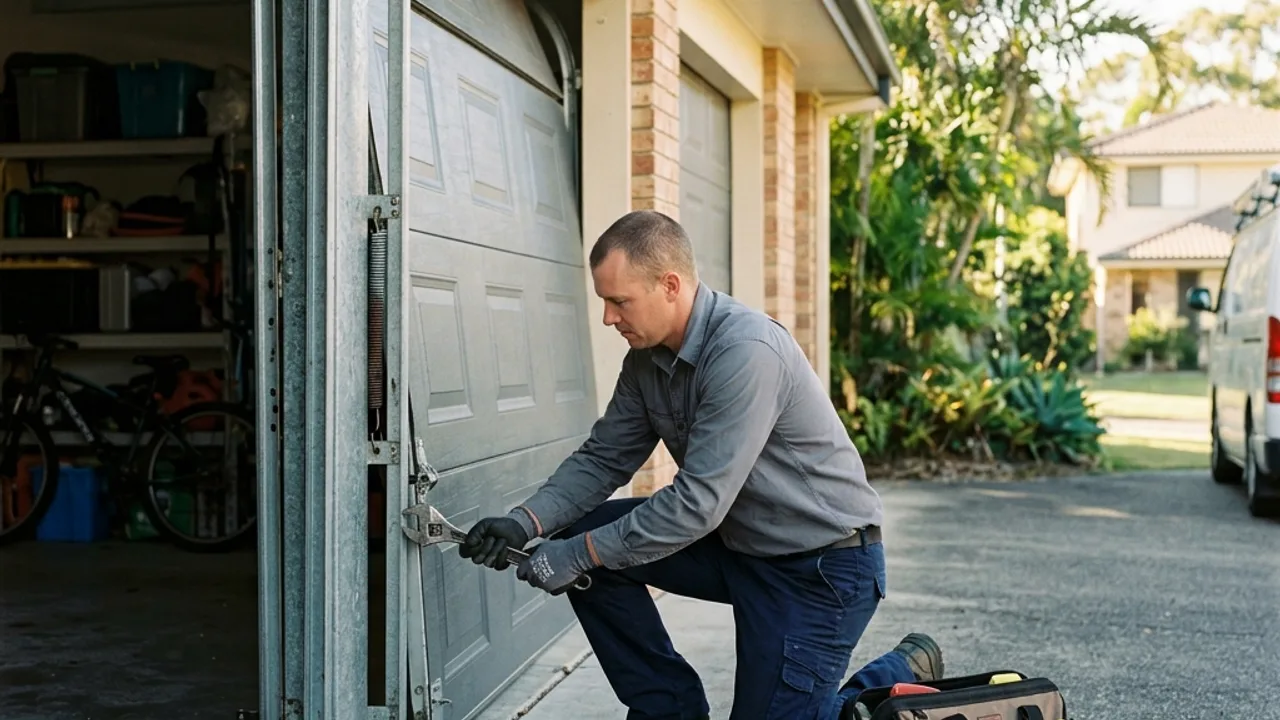 Garage door guide and roller being realigned after an off-track fault