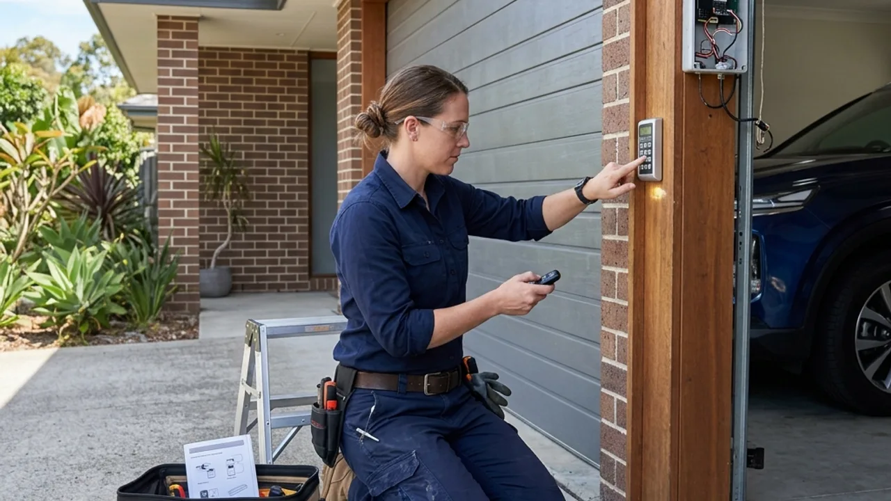 Garage door remote and keypad being programmed during a service call
