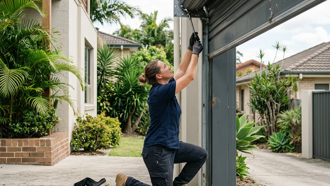 Technician repairing a roller garage door at a Brisbane home